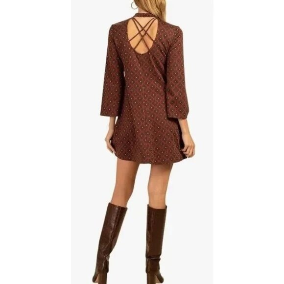 Trina Turk Floral A Line Mock Neck Criss Cross Strap Back Knit Dress Large NEW - Picture 2 of 8